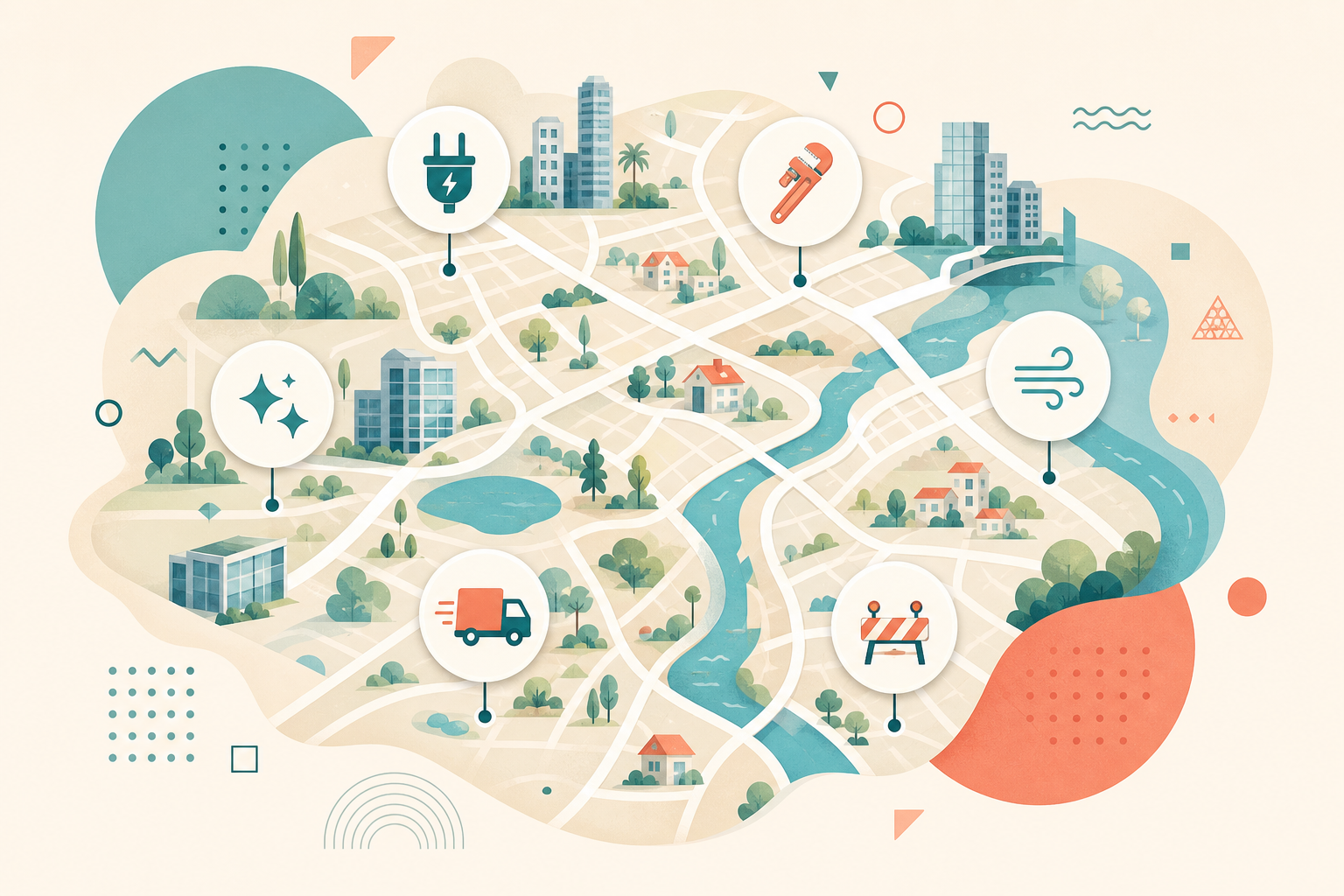 Illustration of service tools arranged on a city map